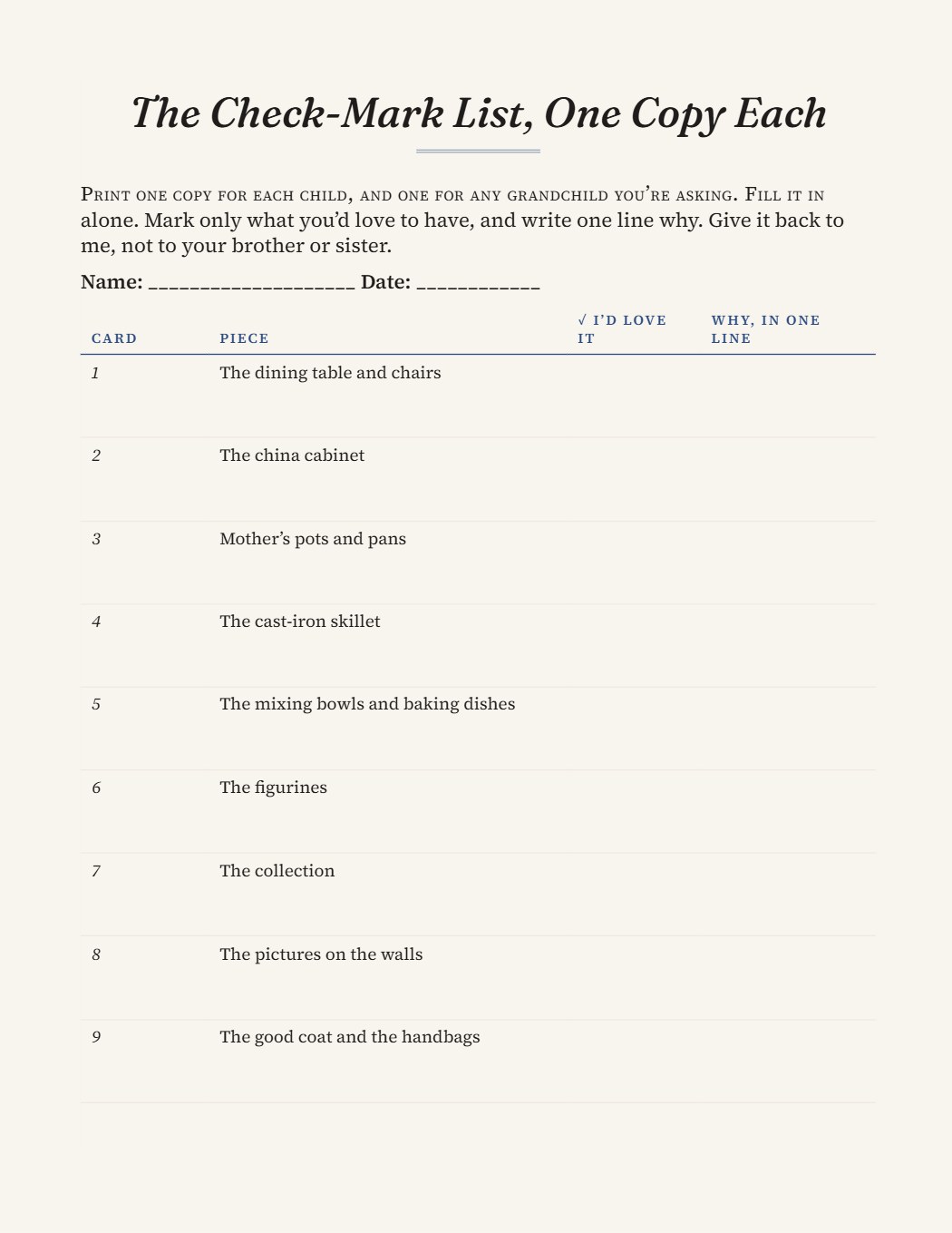 Book page 257: One copy of the list for each child